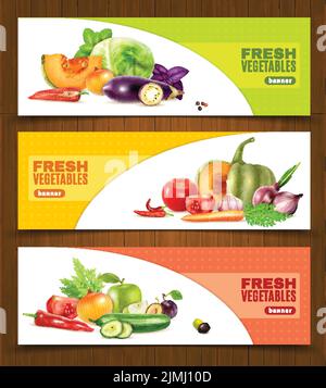Three horizontal banners with colorful compositions of whole and chopped fresh vegetables and fruits in realistic style vector llustration Stock Vector