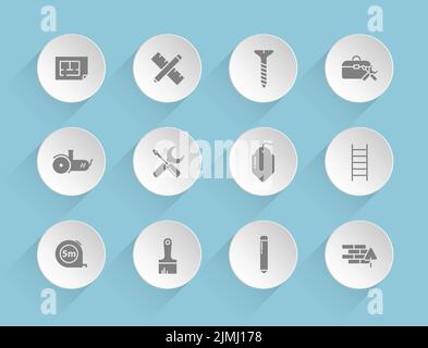 construction vector icons on round puffy paper circles Stock Vector