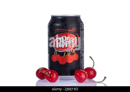 KYIV, UKRAINE - August 7, 2022 drink doctor pepper with cherry on a white background Stock Photo