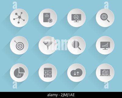 data analytics vector icons on round puffy paper circles Stock Vector
