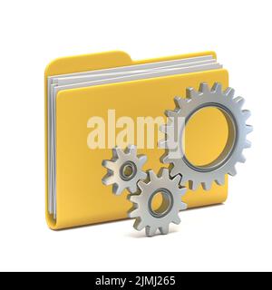 Yellow folder icon with steel gear wheels 3D Stock Photo