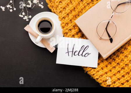 Hello morning message cup coffee Stock Photo