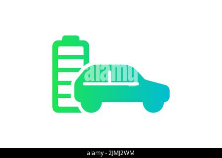 Electric car with fully charged battery energy indicator green gradient icon. Electrical transportation accumulator charger symbol. Full charging electro power auto. Eco friendly vehicle recharge sign Stock Vector