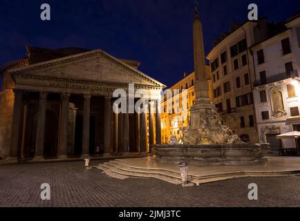 Illuminated Pantheon in Rome by night. One of the most famous historic landmark in Italy. Stock Photo