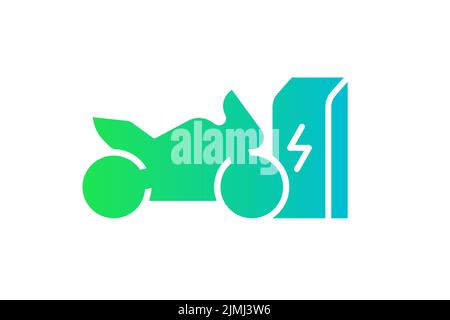 Electric sportbike charging in charger station icon. Electrical motorcycle energy charge green gradient symbol. Eco friendly electro motorbike recharge sign. Vector battery powered EV transportation Stock Vector