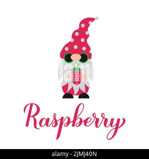 Raspberry calligraphy lettering with cute gnome holding berry. Vector template for typography poster, banner, sticker, shirt, etc. Stock Vector