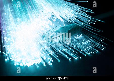 Blue optic fiber with ethernet cables Stock Photo