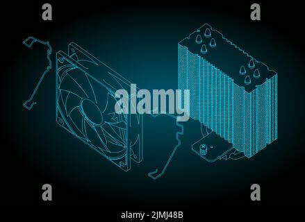 Stylized vector illustration of isometric blueprint of disassembled tower type CPU cooler Stock Vector