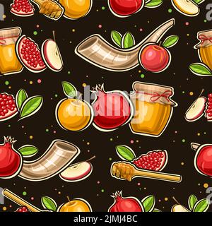 Vector Rosh Hashanah seamless pattern, square repeating background with set of cut out illustrations of still life compositions farm honey jar, fresh Stock Vector