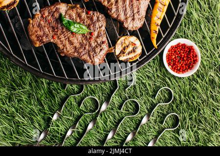 Grilled steak vegetable with metallic skewer barbecue grill green grass background Stock Photo