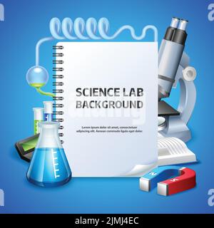 Science lab poster with notepad and laboratory equipment on blue background realistic vector illustration Stock Vector