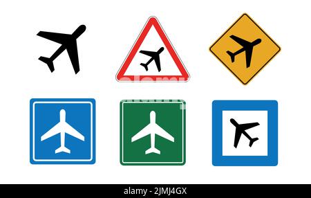 Set of airplane or airport street signs vector illustration icons Stock Vector