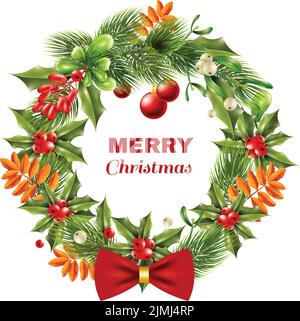Christmas decoration wreath with berries green and orange leaves and red bow on white background vector illustration Stock Vector