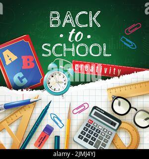 Back to school design concept with calculator protractor triangle ruler alarm clock schoolbook and other pupil accessories flat vector illustration Stock Vector
