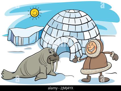 Cartoon Eskimo or Lapp with igloo and walrus Stock Photo