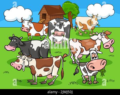 Cartoon cows farm animals group in the countryside Stock Photo