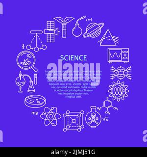 Science round banner with place for text. Poster with scientific elements in line style. Vector illustration. Stock Vector
