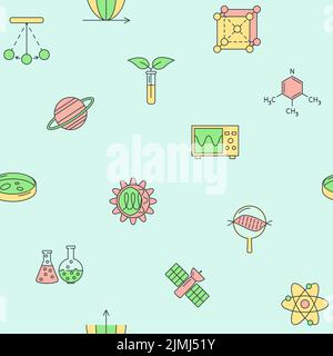 Science seamless pattern in colored line style. Background with scientific elements. Vector illustration. Stock Vector
