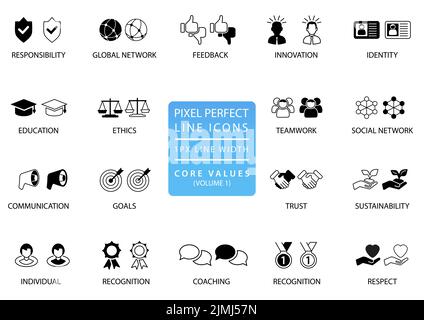 Pixel perfect icon vector set. Corporate core values conceptual collection of symbols for business presentations and website Stock Vector