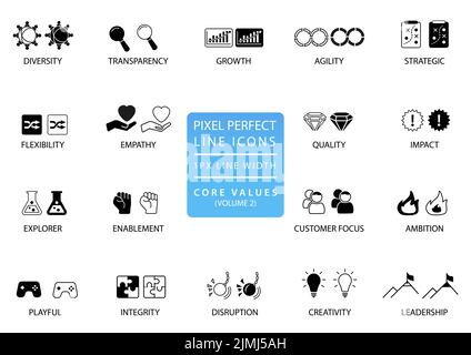 Pixel perfect icon vector set. Corporate core values conceptual collection of symbols for business presentations and website Stock Vector