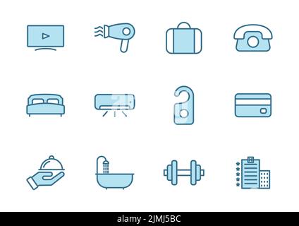 hotel flat vector icons in two colors isolated on white Stock Vector