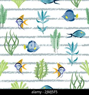 Seamless striped sea fish pattern. Underwater background with hand drawn seaweeds and fish Stock Vector
