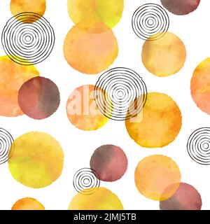 Seamless dotted pattern with orange watercolor circles. Vector abstract geometric background Stock Vector