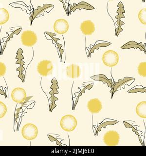 Abstract dandelion flower seamless pattern. Trendy one line vector floral illustration. Stock Vector