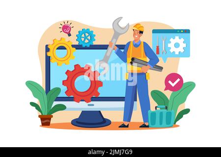 Mechanic character holding wrench and plastic pipe Stock Vector