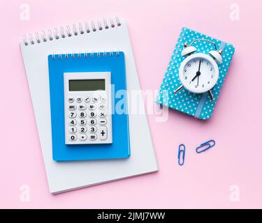 Calculator notepad top view Stock Photo