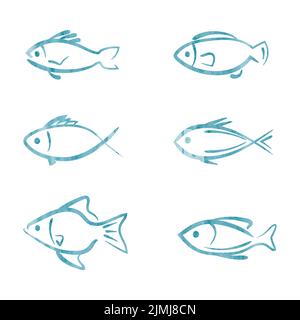 Set of watercolor fish icons. Vector logos collection. Stock Vector
