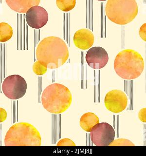 Seamless autumn pattern with orange watercolor circles. Vector abstract geometric background Stock Vector