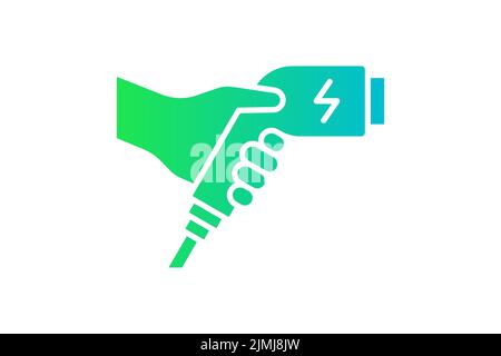Hand holding electric charger connector green gradient icon. Electrical transportation charging plug symbol. Eco friendly electro vehicle charge sign. Vector battery powered EV transport station logo Stock Vector