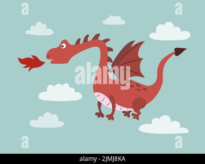 Cute cartoon flying dragon. Vector flat illustration. Stock Vector