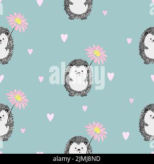 Cute watercolor hedgehog with flower seamless pattern. Vector illustration for kids. Stock Vector