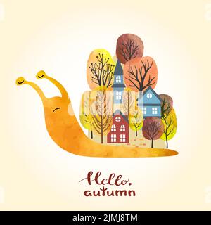 Autumn watercolor vector illustration. Fairy snail with houses and trees on its back. Stock Vector
