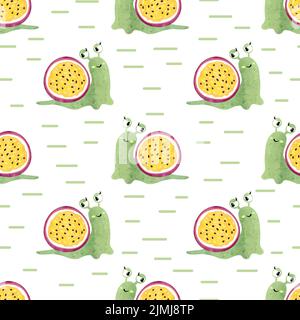 Seamless vector pattern with watercolor cute cartoon snail and passion fruit Stock Vector