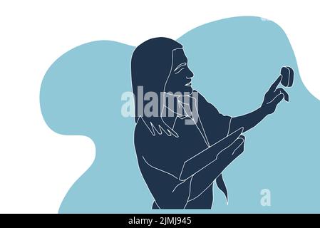 Portrait of woman using smart home device to change temperature. Vector illustration in pastel tones Stock Vector