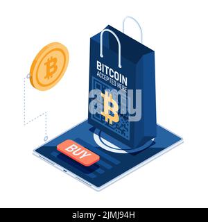 Flat 3d Isometric Shopping Bag on Online Store Accept Bitcoin Payment. Bitcoin and Cryptocurrency Payment Concept. Stock Vector