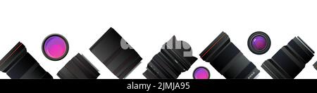 Set of lenses for camera. Various sizes and focal lengths. Optical device. Shooting equipment. Horizontal seamless border. Object isolated on white Stock Vector