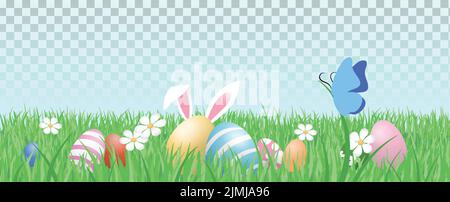 Easter eggs with bunny ears in a garden grass banner isolated vector. Springtime lawn grass with daisy flowers and butterfly. Stock Vector