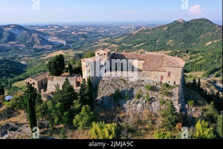 aerial view of Montebello castle also named Azzurrina castle. Poggio Torriana, Emilia Romagna, Italy Stock Photo