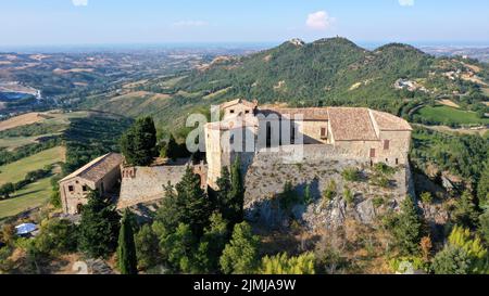 aerial view of Montebello castle also named Azzurrina castle. Poggio Torriana, Emilia Romagna, Italy Stock Photo