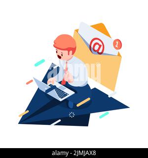 Flat 3d Isometric Businessman Sitting on Paper Planes using Laptop with Email. Email Marketing and Subscription Service Concept. Stock Vector
