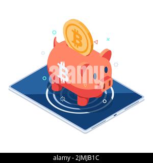Flat 3d Isometric Bitcoin Piggy Bank on Digital Tablet. Bitcoin Saving and Cryptocurrency Hardware Wallet Concept. Stock Vector