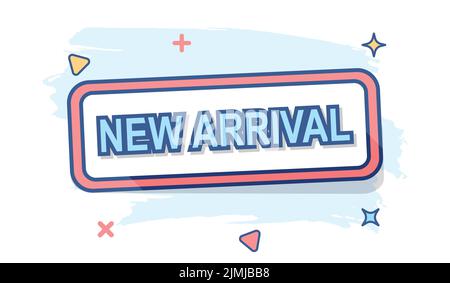 Cartoon colored new arrival icon in comic style. Sell illustration pictogram. Market sign splash business concept. Stock Vector