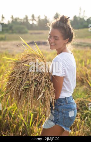 Happy woman farmer during harvesting on the rice field Stock Photo