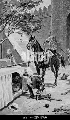 Lieutenant Frederick Roberts finding the mortally wounded General Nicholson by the Kashmir Gate during the Siege of Delhi. Stock Photo