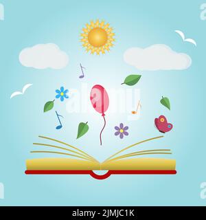 Imagination concept with opened book. Vector illustration Stock Vector