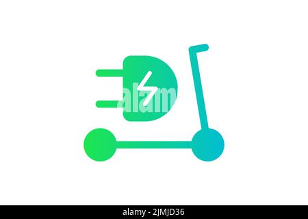 Electric push scooter icon. Green gradient cable electrical kick e-scooter and plug charging symbol. Eco friendly electro vehicle logo concept. Vector battery powered EV transportation illustration Stock Vector